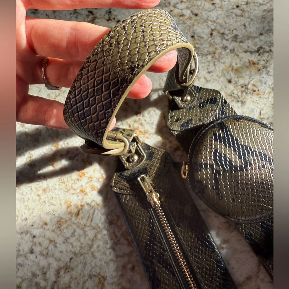 BANDOLIER “Jayden” Leather Utility Strap in Brown Snake and Gold, Like New
